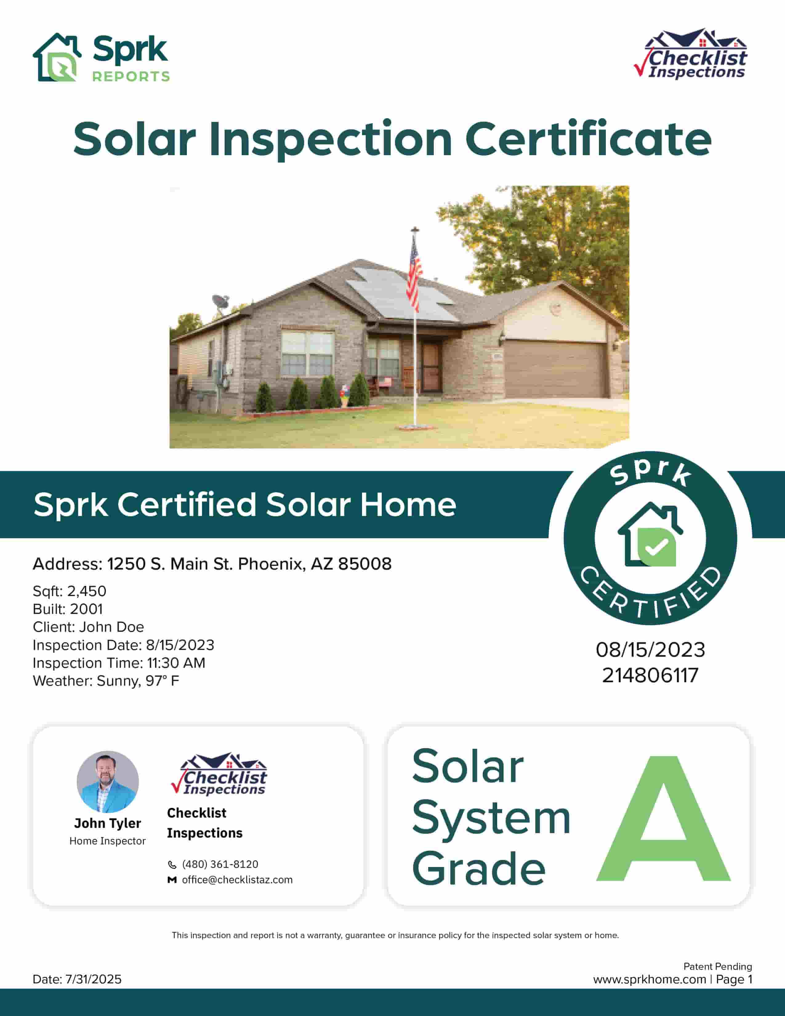 Solar Inspection Certificate Preview